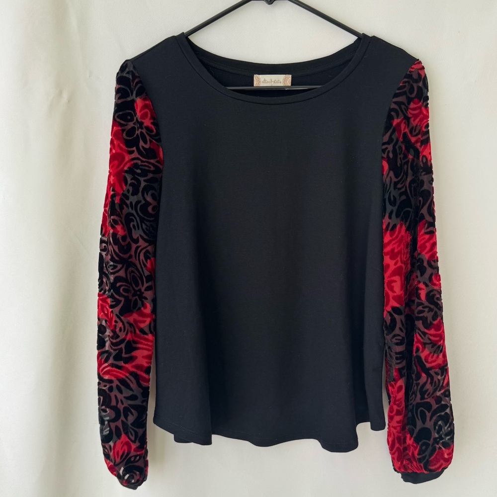 Altar'd State Womens S Velvet Burnout Shirt Balloon Sleeve Black Gothic Romantic